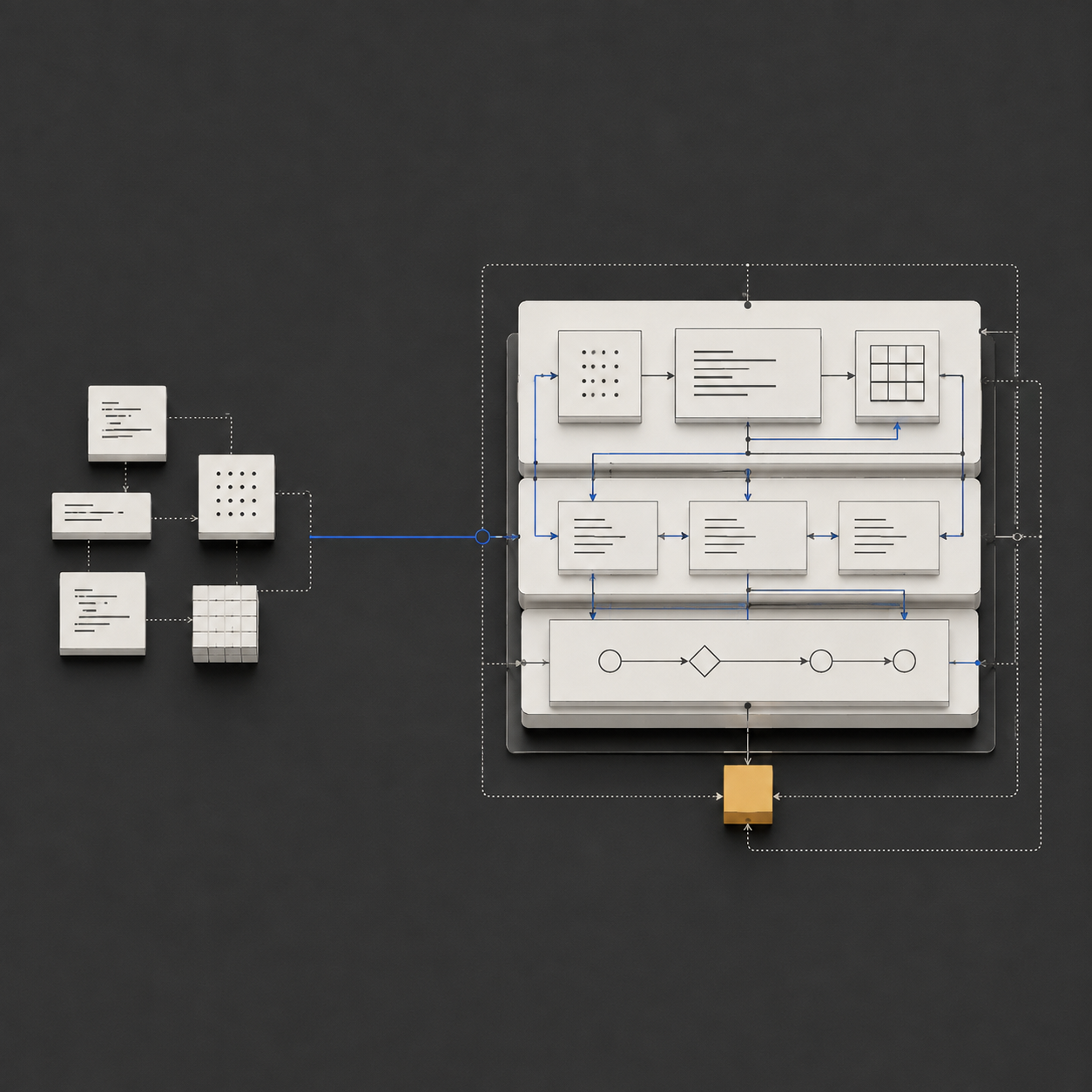 A schematic transition from separate code modules to a complete autonomous system architecture.
