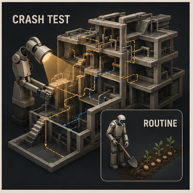 A systems investigator stress-tests a complex architecture while a smaller inset contrasts routine work.