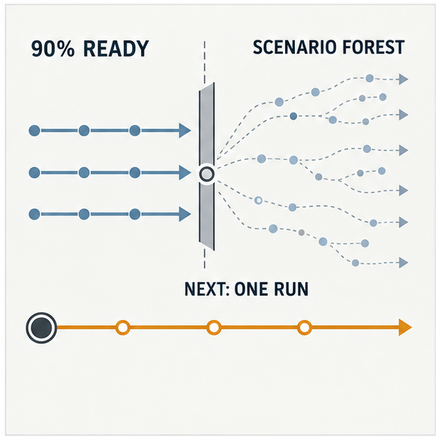Three research paths pass through a quality gate into a wider scenario forest while a separate official capital line remains protected.