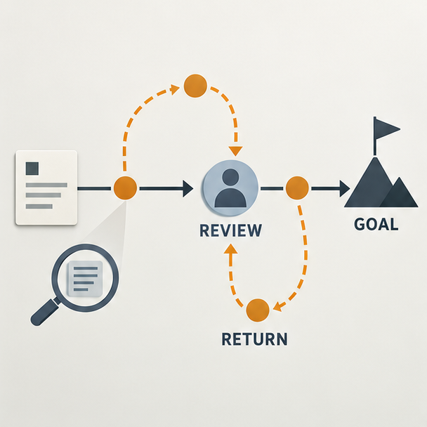 A review loop routes an AI task back toward its goal when human oversight detects drift.