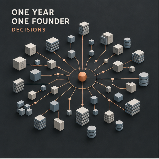 A central founder node connects to many data and system blocks beneath the words One Year, One Founder, Decisions.