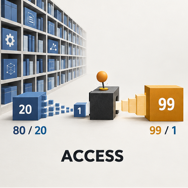 Blue and amber blocks show a transition from 80 over 20 to 99 over 1, with access placed at the center.