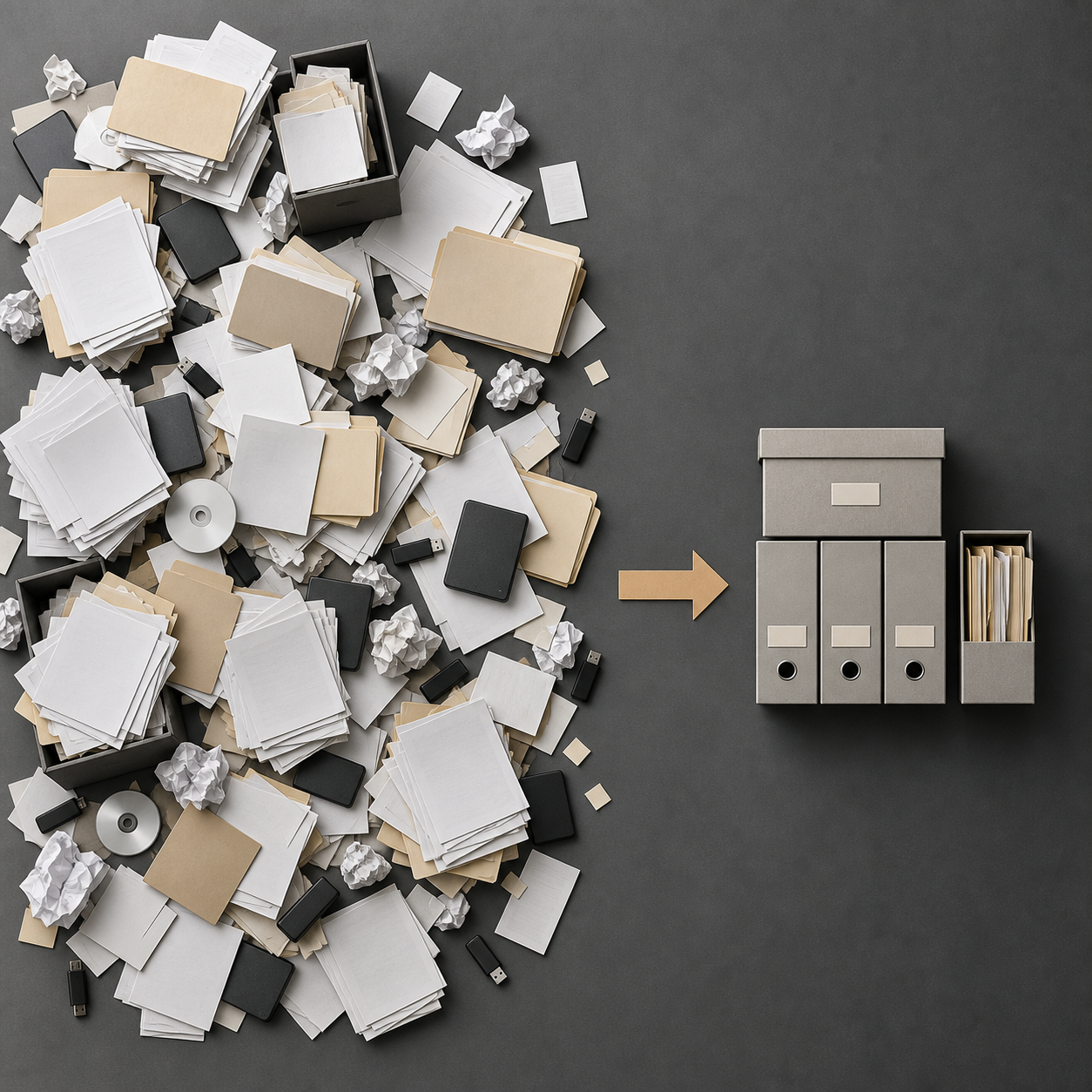 A large pile of loose files and duplicate storage devices points toward a small ordered set of archive boxes.