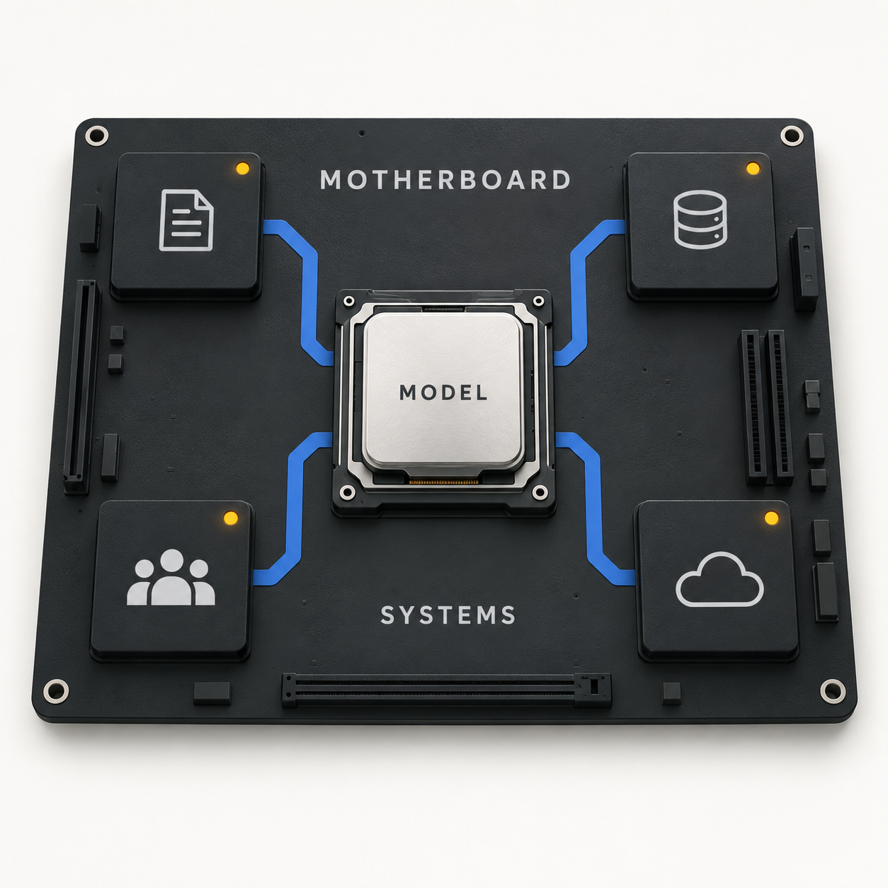 A black motherboard links a central processor labeled Model to document, database, people, and cloud components.