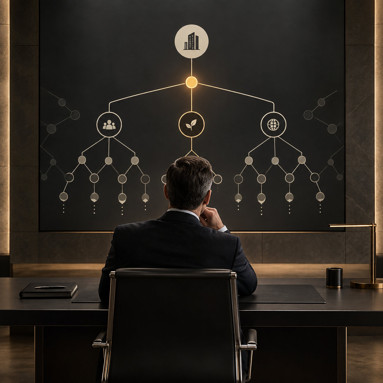 A director sits before a dark wall-sized decision tree connecting a company to teams, growth, and global branches.