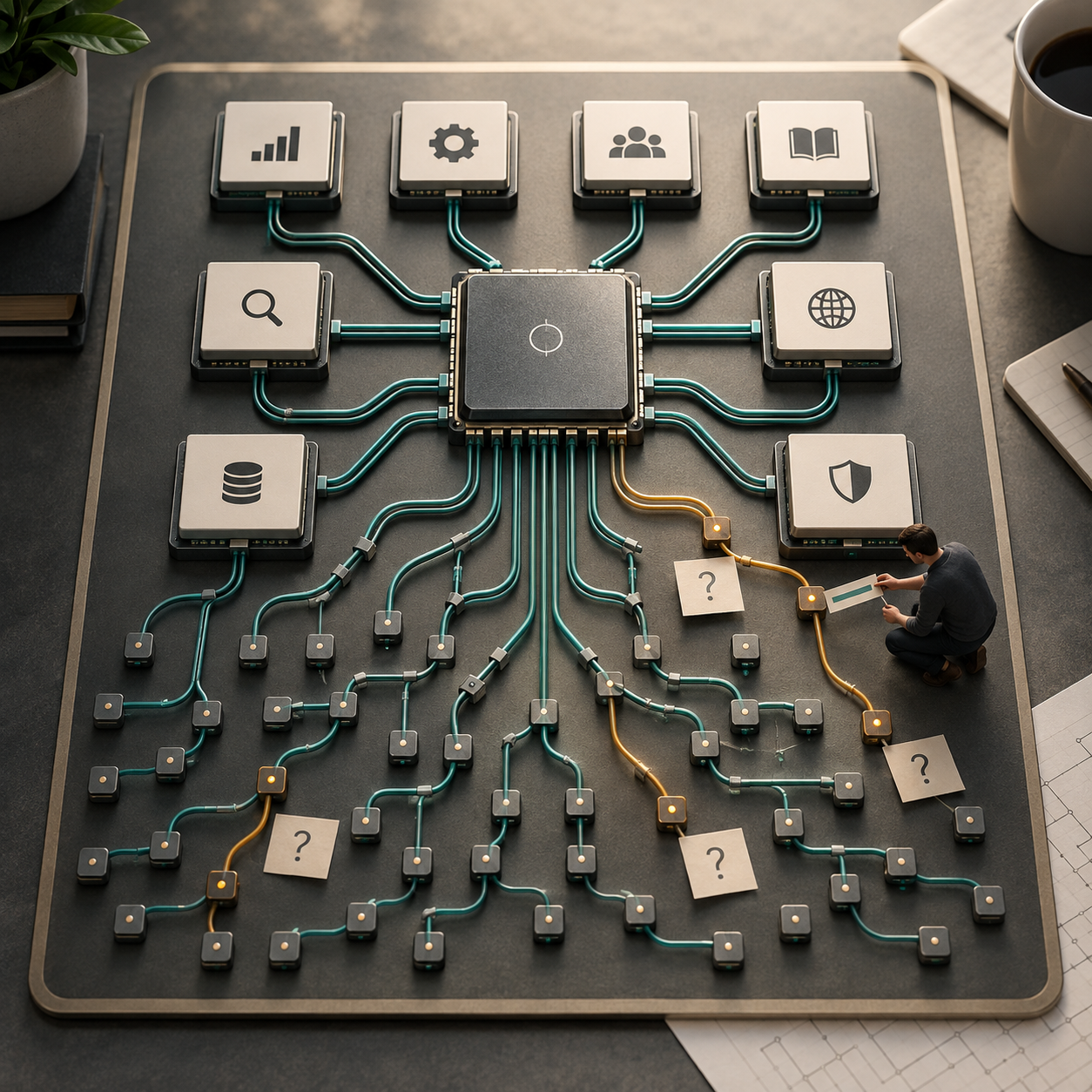 A physical company motherboard connects a central processor to many operating nodes while a founder traces several unresolved protocol junctions.