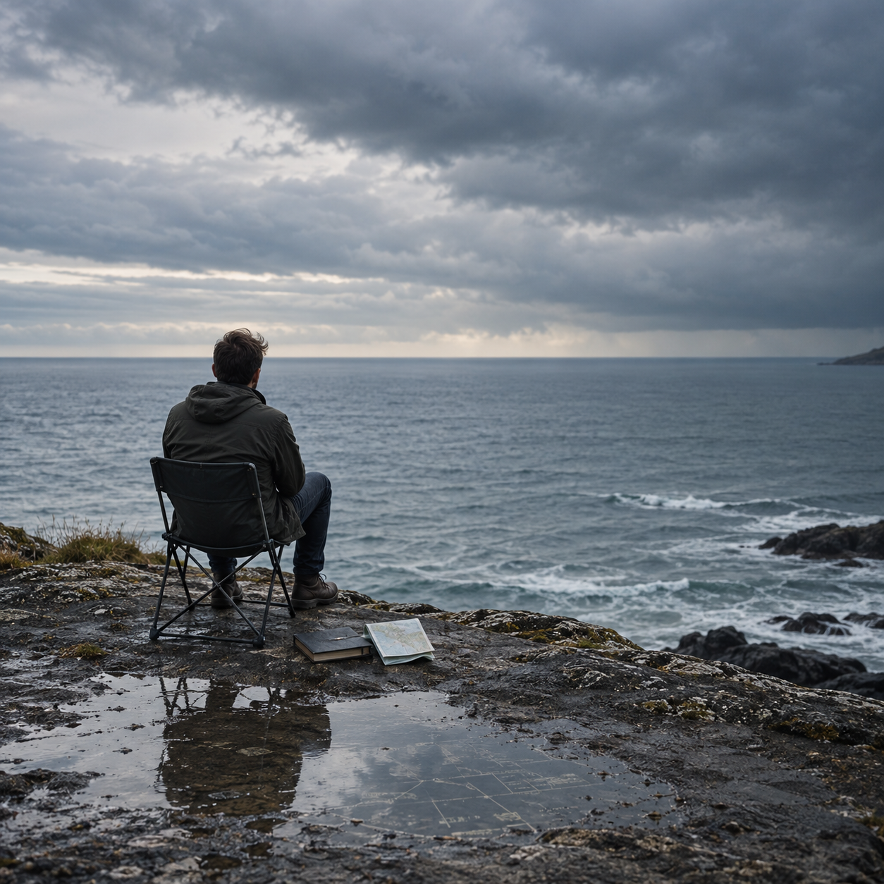 A lone founder sits on a folding chair beside a grey-blue sea under rain clouds, with a closed notebook and folded map on the rocks.