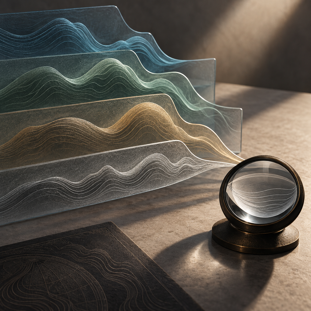 Four translucent layered wave surfaces beside a circular magnifying lens.