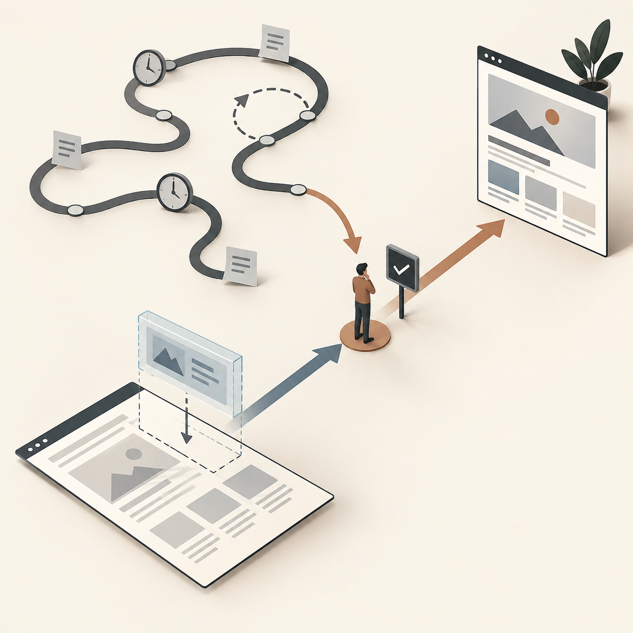 A proposed page block and a looping task both pass through a review checkpoint toward a finished page.