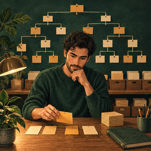 A person choosing a decision card beside an organized archive.