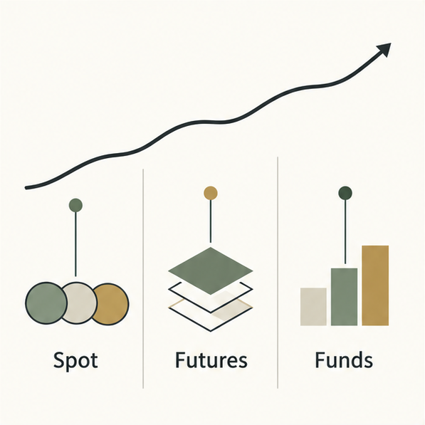 Illustration of a rising price above three separate columns labelled Spot, Futures and Funds.