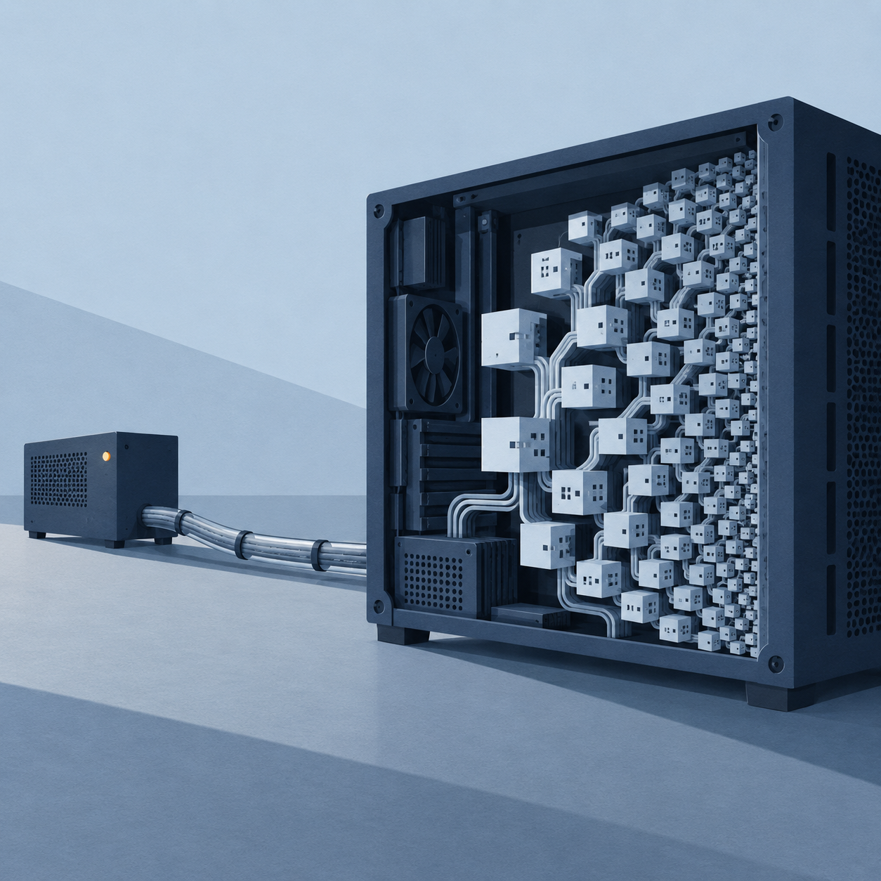 A separate small computer connected to a larger chassis filled with repeating process blocks.