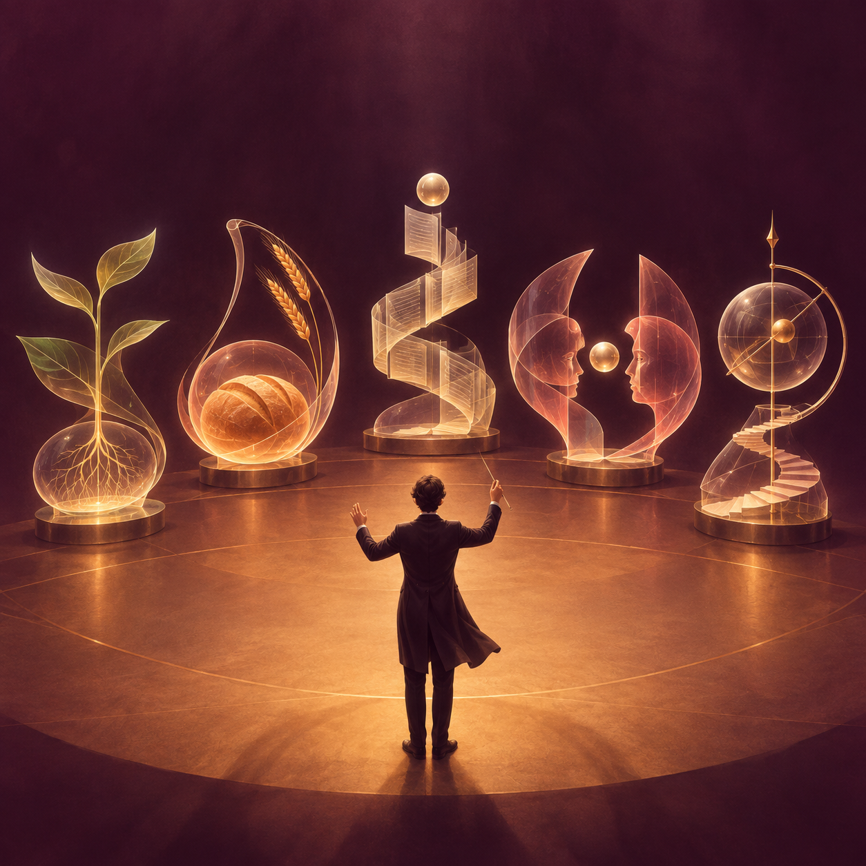A human conductor coordinating five glowing sculptural forms representing practical tasks.