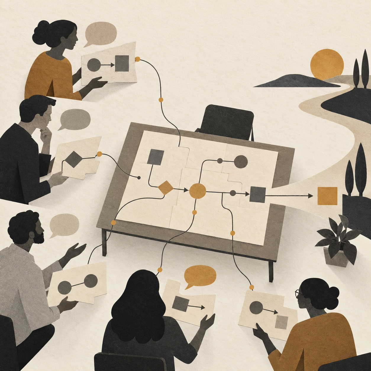 Employees bring separate process fragments to a table where they connect into one map.