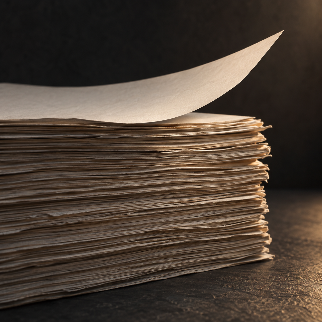 A thick stack of paper with one blank page lifting at the top.